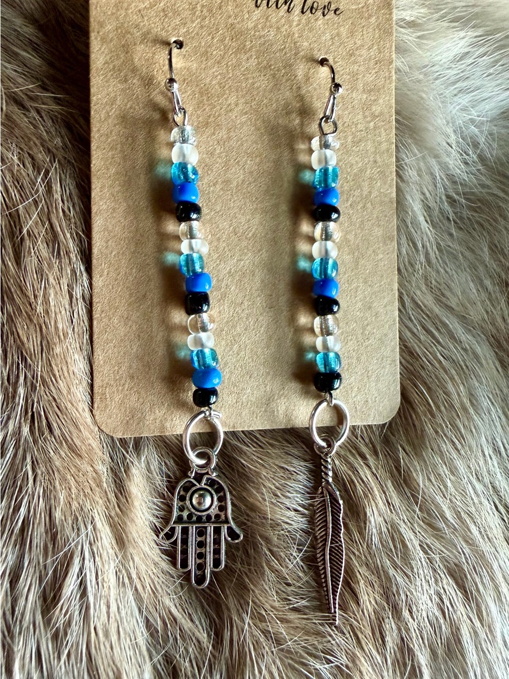 Handcrafted Blue Beaded Hamsa & Feather Earrings